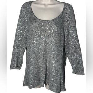 Eileen Fisher XL Linen Blend Scoop‎ Neck Metallic Fleck Gray 3/4 Sleeve Sweater